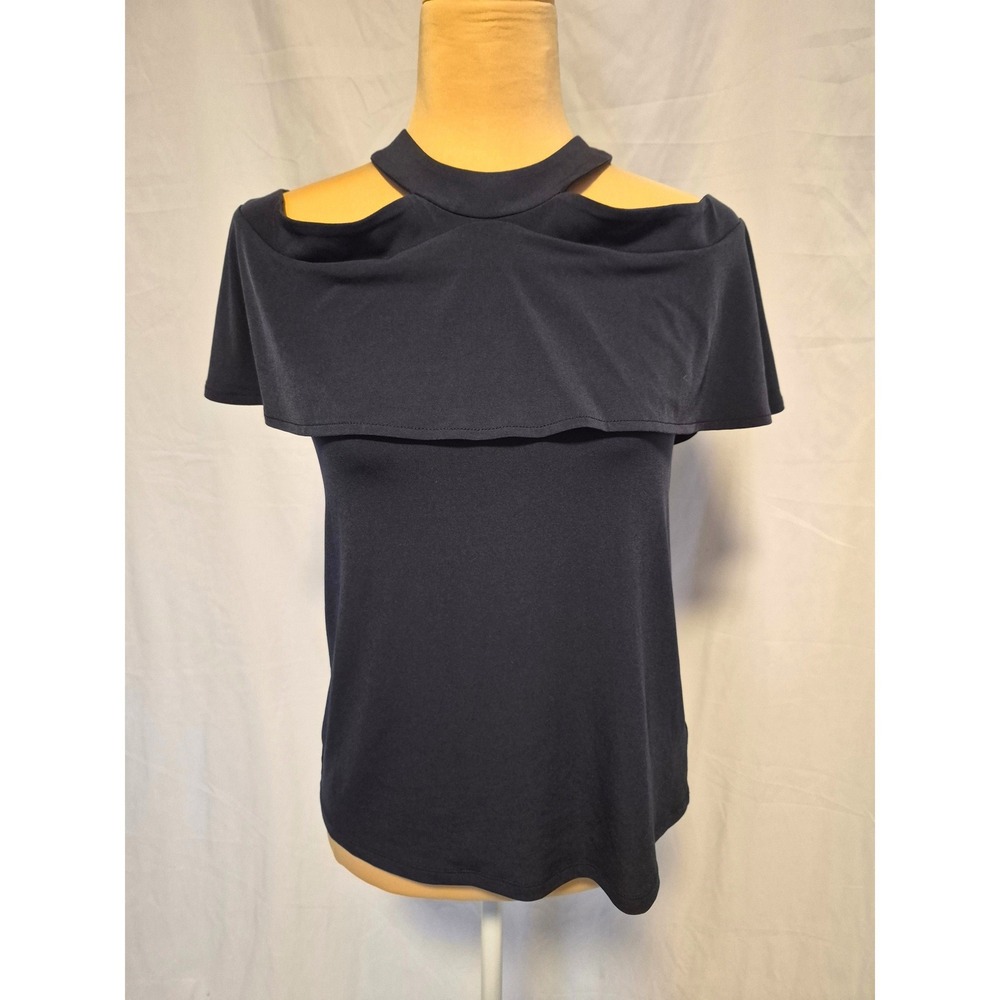 Michael Kors Navy Blue Cold Shoulder Ruffle Mock Neck Top XS